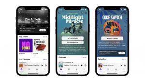 Three iphones displaying the App for Apple Podcasts with the new ios14.6 update